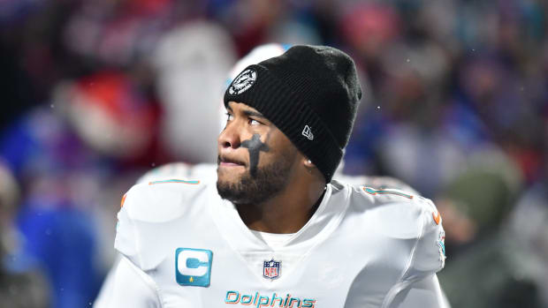 Miami Dolphins quarterback Tua Tagovailoa (1) enters the field before a game against the Buffalo Bills at Highmark Stadium.